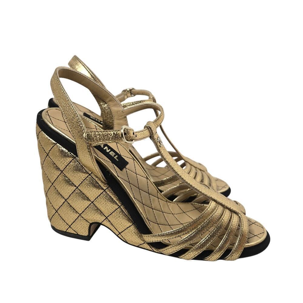 Chanel  Laminated Goatskin Quilted Wedge Sandals Size 38 - Picture 5 of 13
